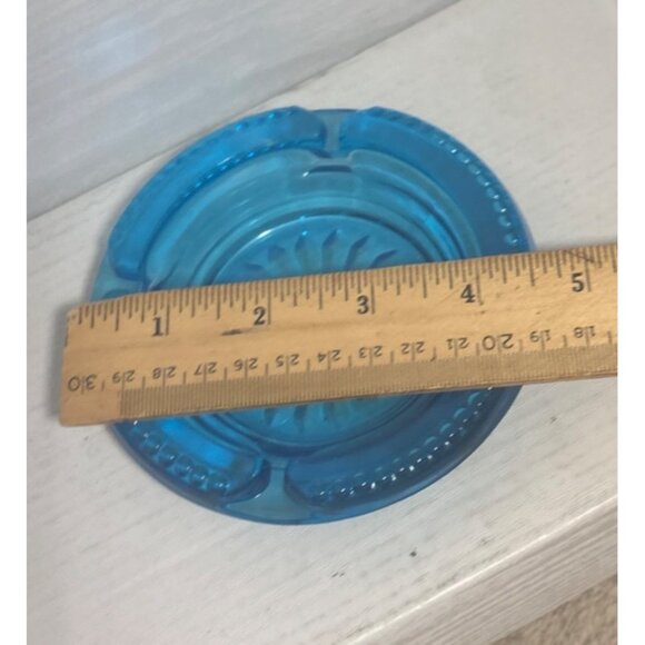 Vintage Blue Glass Ashtray Textured Sunburst Design 4.5" Mid-Century Modern - Picture 6 of 7